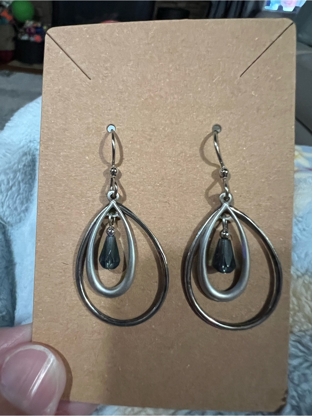 Silver Teardrop Dangle Earrings with Dark blue Crystal Accent